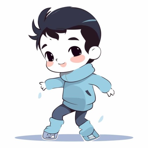 Cute little boy skating on ice in cartoon style.