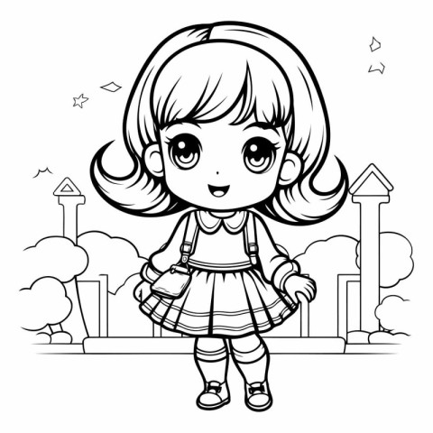 Black and White Cartoon Illustration of Cute Little Girl Charact