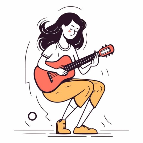 Girl playing guitar in line art style on white background.