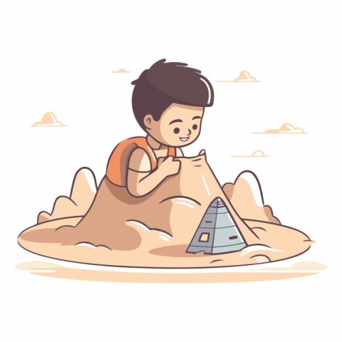 Boy playing with sand and building a house in cartoon style