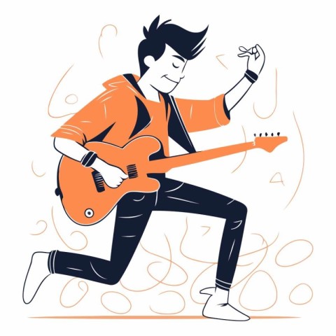 Vector illustration of a young man playing the electric guitar o