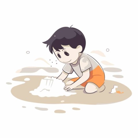 Cute little boy playing with sand in cartoon style.