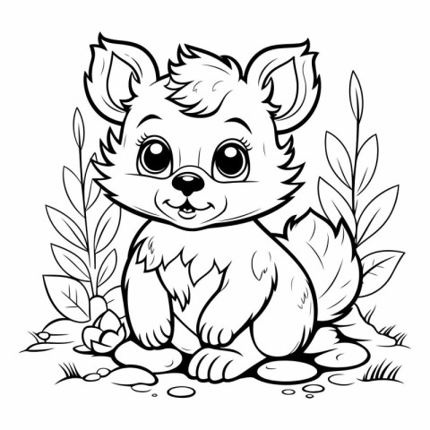 Cute cartoon fox sitting in the grass for coloring book.