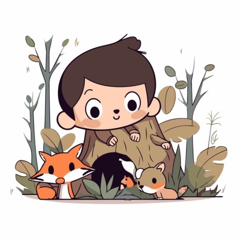 Cute little boy playing with foxes in the forest.