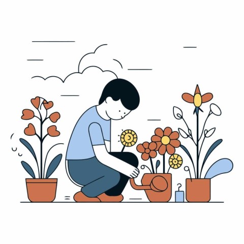 Young man watering flowers in pots. Flat style.