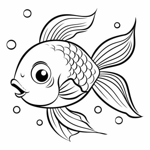 Black and White Cartoon Illustration of a Cute Fish Animal Chara