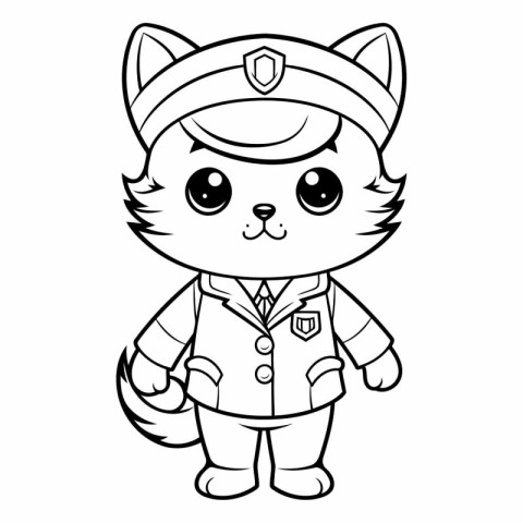 Black and White Cartoon Illustration of Cute Cat Captain Charact