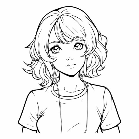 Black and White Cartoon Illustration of Teenage Girl with Long H