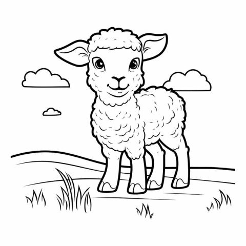 Cute sheep standing on the meadow. Coloring book for children.