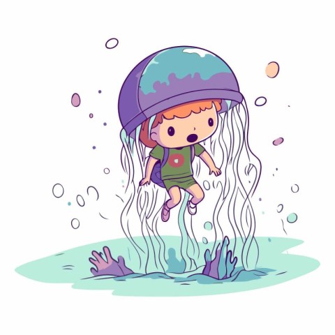 Cute little girl swimming under the jellyfish.