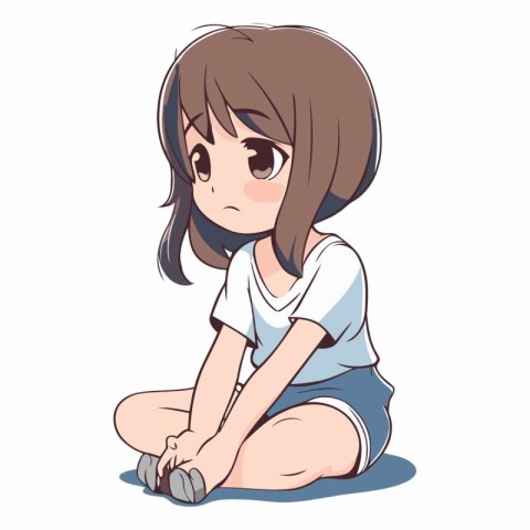 Illustration of a little girl sitting on the floor and looking s