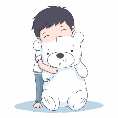 Cute boy hugging a big white teddy bear.