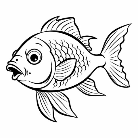 Cute Fish - Black and White Cartoon Illustration. Vector Art