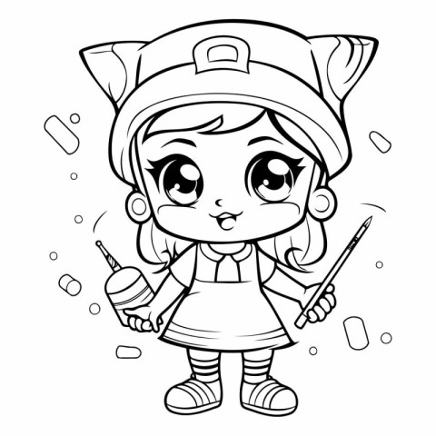 Black and White Cartoon Illustration of Cute Little Pirate Girl