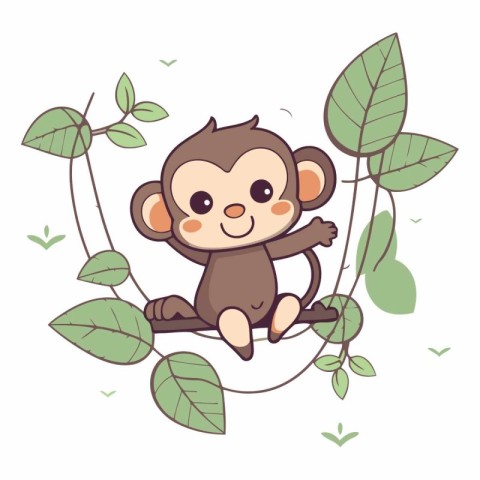 Cute monkey sitting on a branch with leaves.