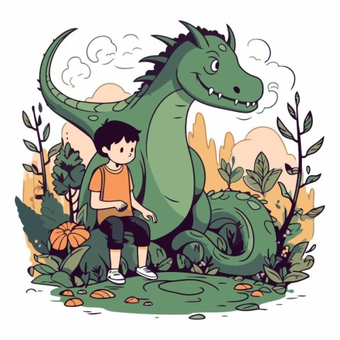 Cute little boy with a dinosaur in the park