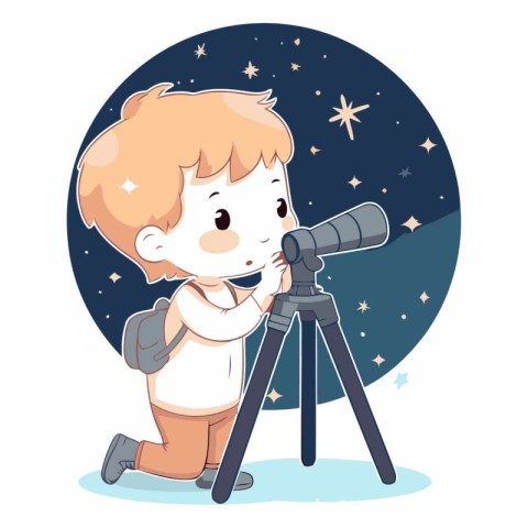 Cute boy looking through a telescope in cartoon style.