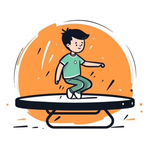 Boy jumping on a trampoline in doodle style.