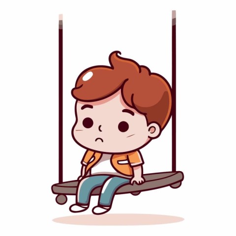 Boy Sitting on Swing - Cute Cartoon Style Vector Illustration.