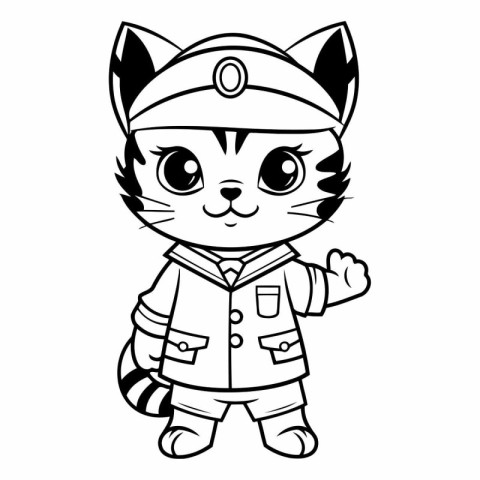 Black and White Cartoon Illustration of Cute Cat Captain Charact