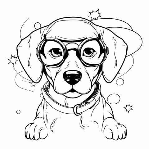 Dachshund dog in glasses. Black and white vector illustration.