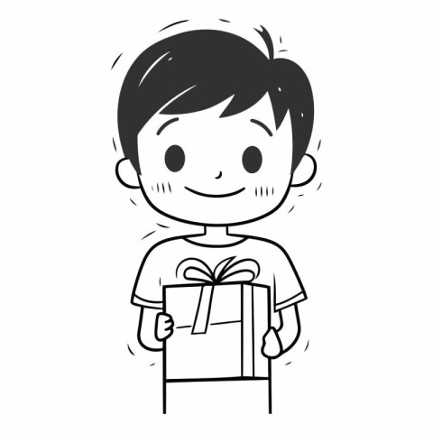 Illustration of a Boy Holding a Gift Box - Black and White Carto