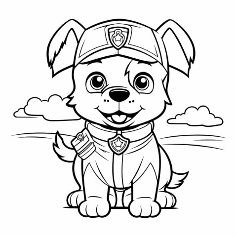 Black and White Cartoon Illustration of Cute Puppy Police Dog Ma