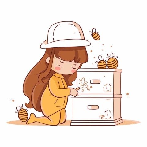 Little girl playing with bees and beekeeping. Cute cartoon vecto