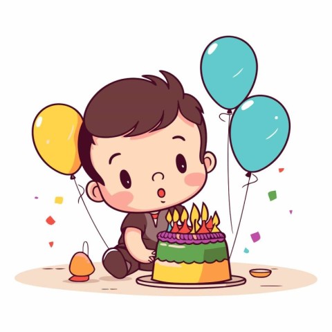 Cute boy with birthday cake and balloons. Vector cartoon illustr