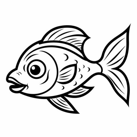 Fish - Black and White Cartoon Vector Illustration. Isolated On