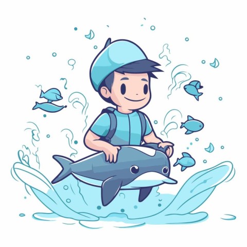 Cartoon boy swimming with a dolphin in the ocean.