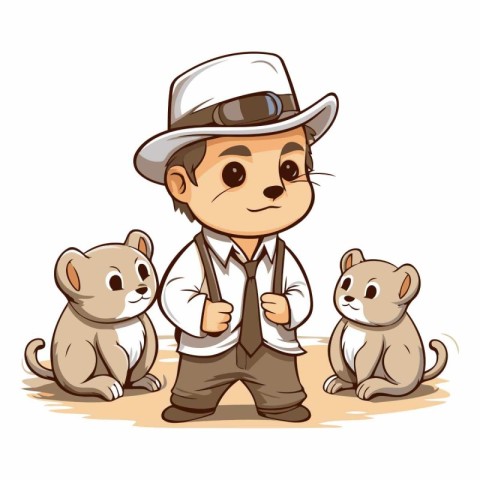 Vector illustration of a boy in a hat with a group of rats