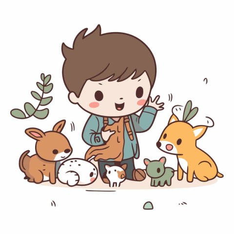 Boy playing with a group of animals. Cute cartoon vector illustr