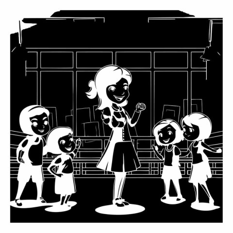 Black and white vector illustration of children in the school wi