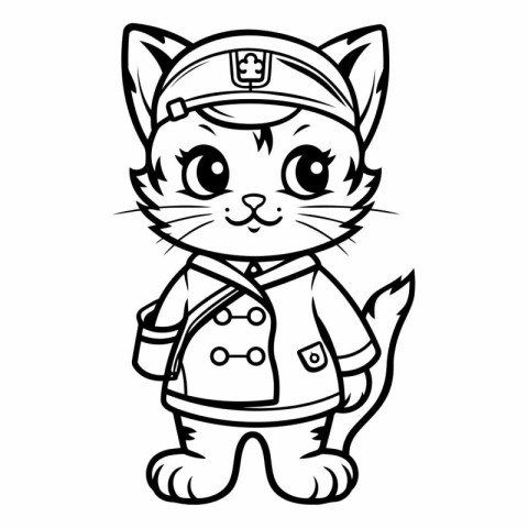 Black and White Cartoon Illustration of Cute Cat Sailor Characte