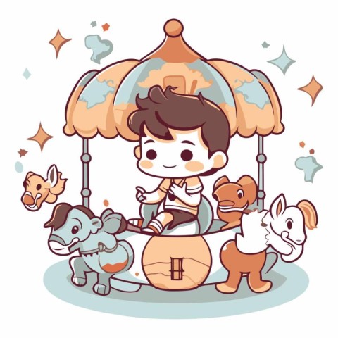 Cute boy riding a horse on a carousel.