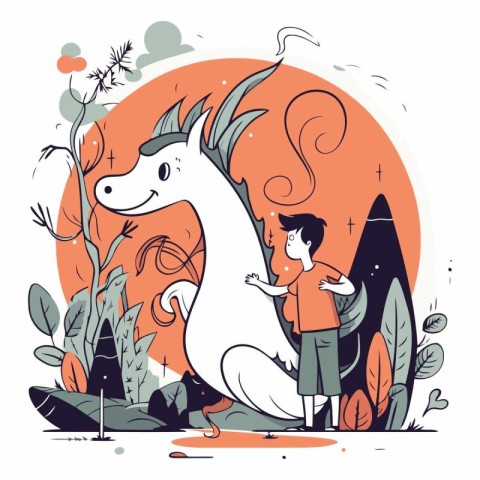 Vector illustration of a little boy with a unicorn in the forest