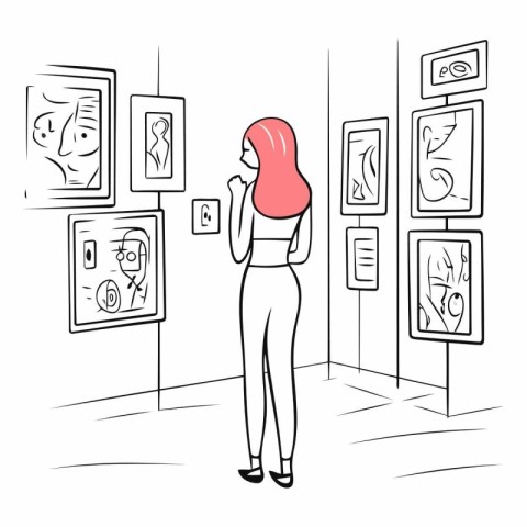 Woman looking at paintings in art gallery. Hand drawn vector ill