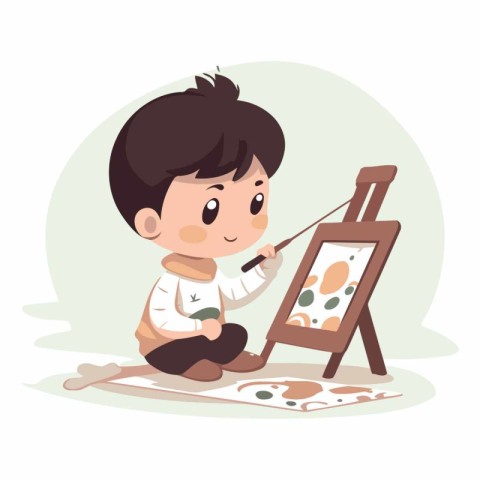 Cute little boy painting a picture in cartoon style.