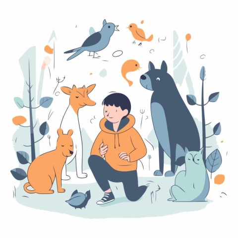 Vector illustration of a boy in a raincoat with dog. cat and bir