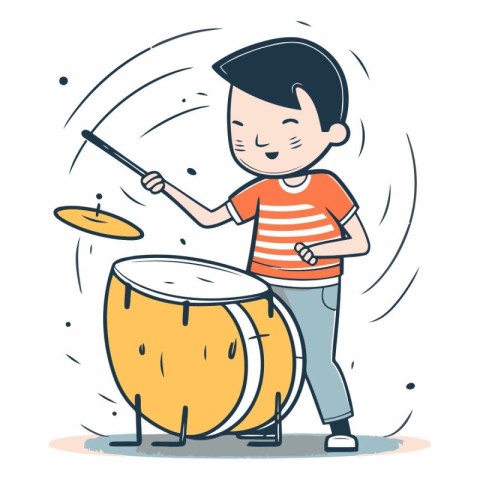 Cute little boy playing drums in cartoon style.