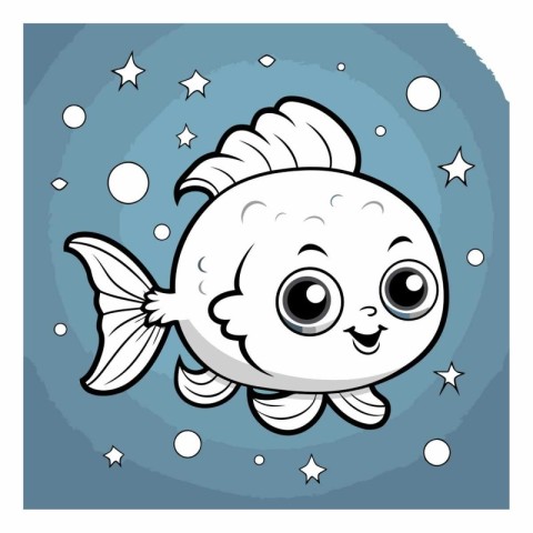 Illustration of a cute cartoon fish on a blue background with st