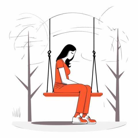 Sad girl sitting on a swing in the park.