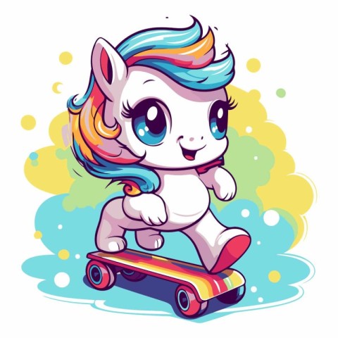 Cute cartoon unicorn rides a skateboard on a colored background.