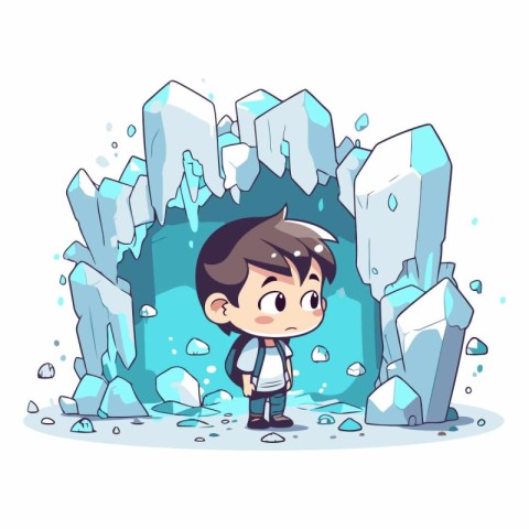 Cute little boy standing in ice cave. cartoon vector illustratio