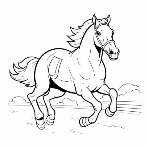 Black and white vector illustration of a horse running in the fi