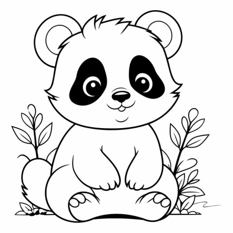 Cute panda sitting on the grass. black and white vector illustra