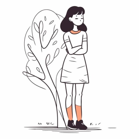 Young woman standing next to a tree in sketch style.