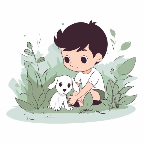 Cute boy playing with a dog in the garden.