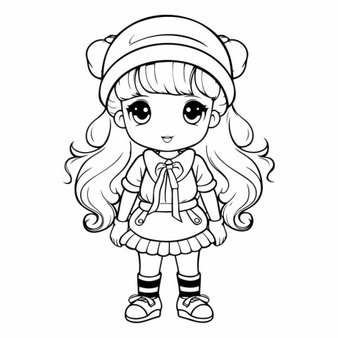 Cute little girl in winter clothes for coloring book.